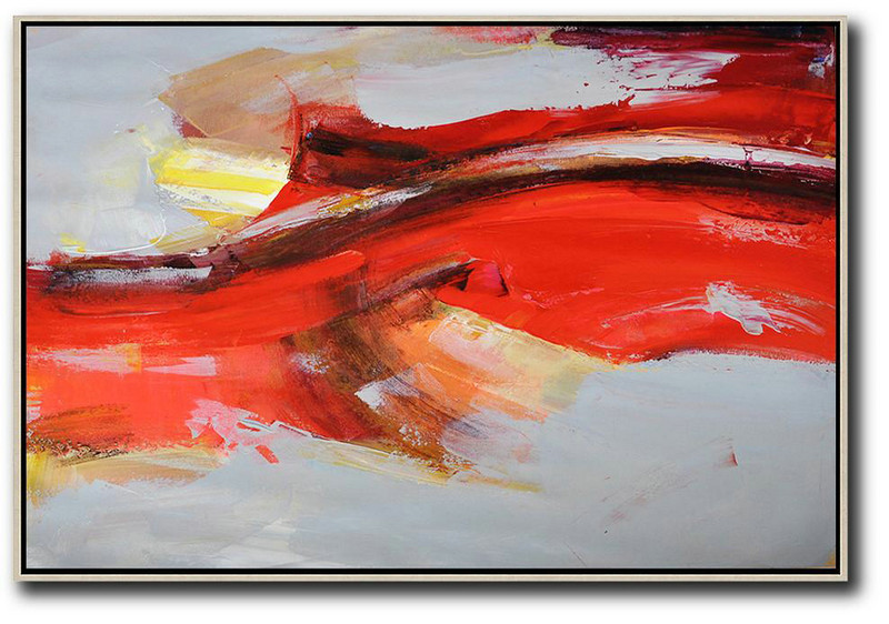 Large Abstract Art,Horizontal Palette Knife Contemporary Art,Contemporary Canvas Paintings,Red,Grey,Yellow.etc